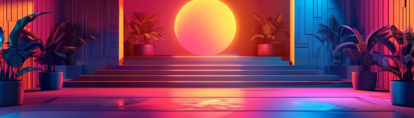 The image is a 3D rendering of a retro-futuristic stage. The stage is bathed in pink and blue light. There are palm trees on either side of the stage.