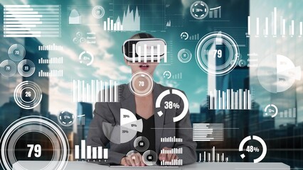 Woman typing on keyboard selecting dynamic market data analysis monitor by VR global innovation interface digital infographic network technology virtual hologram animation on building bg. Contraption.