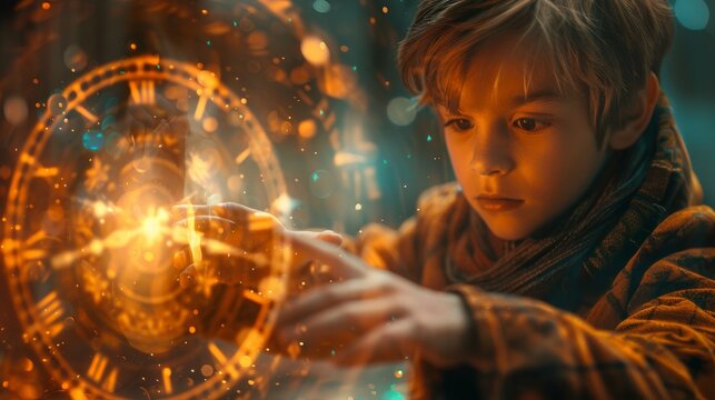 Little boy with big glowing clock in mysterious magic interior. The kid dreams of managing time to bring the festive moment closer. Cute child waiting for the holiday.