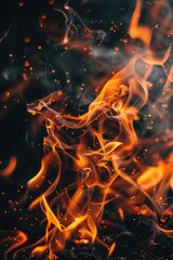 Flame Design. Closeup Detail of Flames on Black Background, Symbolizing Danger and Energy