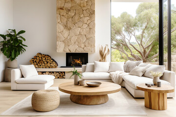 Round coffee table between chair and sofa against fireplace with stone cladding. Mediterranean interior design of modern living room, home.