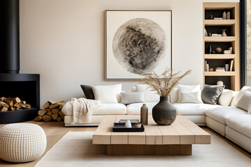 Fireplace and wall mounted shelf in room with white sofa. Minimalist boho interior design of modern living room, home.