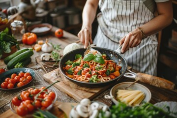 Cooking Sauce. Woman Cooking Delicious Pasta with Fresh Vegetables and Sauce in a Rustic Kitchen