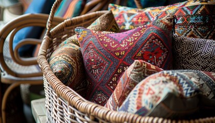 Image of colorful pillows inside a wiker basket