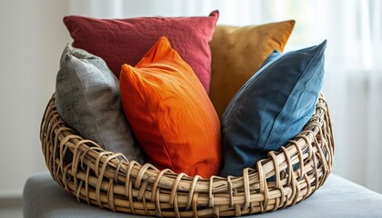 Image of colorful pillows inside a wiker basket