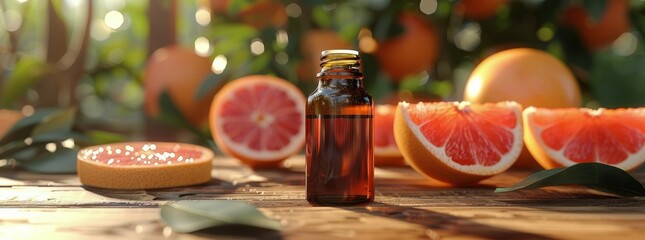 Grapefruit Essential Oil Bottle and Fresh Grapefruits on Wooden Table