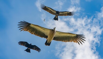 four huge vulture in flight low angle view flock of himalayan griffon soaring with fully wingspan while crows chasing in blue sky over klong kata dam phuket - Powered by Adobe