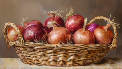 Onions in a basket, as seen from an angle 