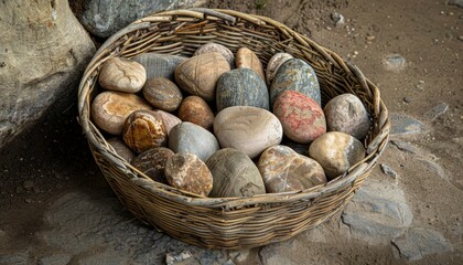 Stones in a basket, as seen from an angle