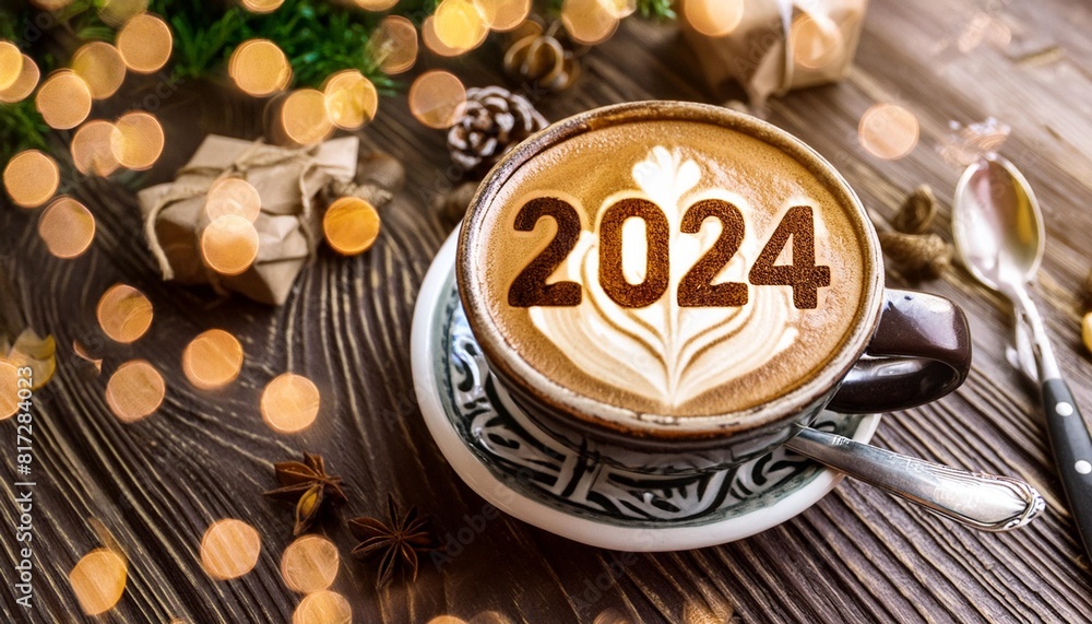 Sticker a cup of coffee with 2024 written on it