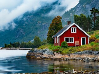 Fototapeta premium A small red house sits on the shore of a lake.