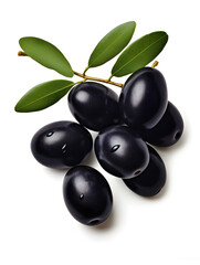 Black olives with leaves isolated on white background 