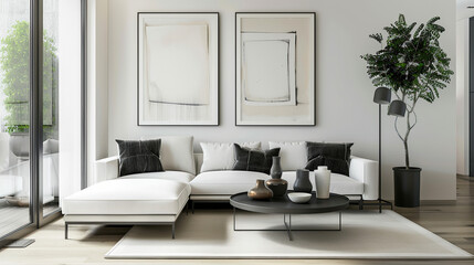 Modern living room interior with white sofa and paintings