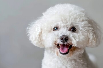 A white poodle is smiling and looking at the camera