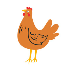 Cute chicken standing sketch, hand drawn in flat style. Vector illustration on the theme of farm and poultry farming. Can be used for children's development.