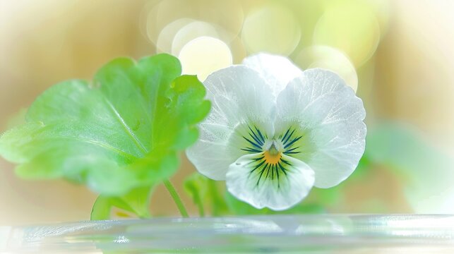 A close-up of a white flower against a backdrop of green leaves The background is slightly blurred