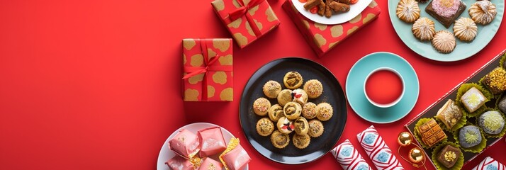Fototapeta premium An array of festive cookies, gift boxes, and decorations spread on a vibrant red backdrop, evoking the spirit of the holiday season