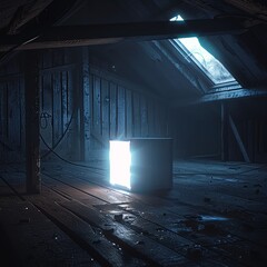 A mysterious box glowing in a dark attic, side view, secrets within, cybernetic tone, Monochromatic Color Scheme