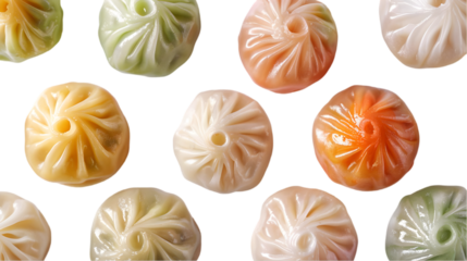  A crystal-clear ultra HD close-up of freshly steamed soup dumplings, har gow, and char siu bao, with their translucent skins and vibrant fillings glistening, transparent background