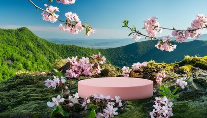 product podium with spring flowers in pink pastel colors for product presentation mockup for...