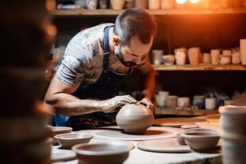 young man potter making pattern on clay mug with special tool in pottery workshop, studio