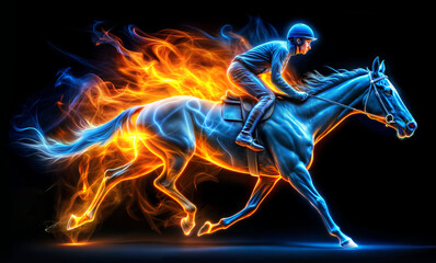 Horse. Fiery Horse. Galloping race horse in racing competition. Jockey on racing horse. Speed. Blue and orange Fire border. Illustration isolated on black background