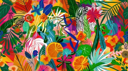   A vibrant painting of diverse flowers and foliage on a sunny yellow backdrop, featuring shades of orange, pink, yellow, and green