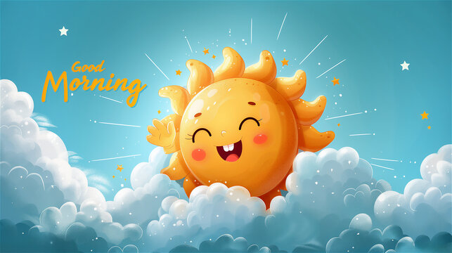 Cute cartoon sunny scenery with sun and words Good Morning.