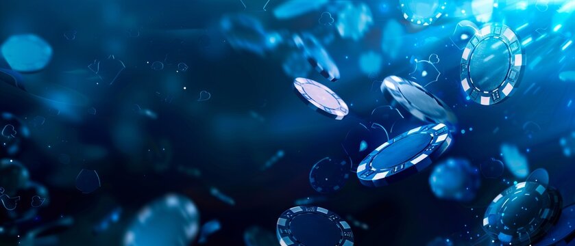 A blue background with many poker chips floating in the air.