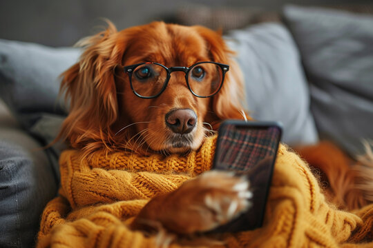 A dog holding a smartphone while looking at the camera. Smart, cute dog uses phone to surf the internet.