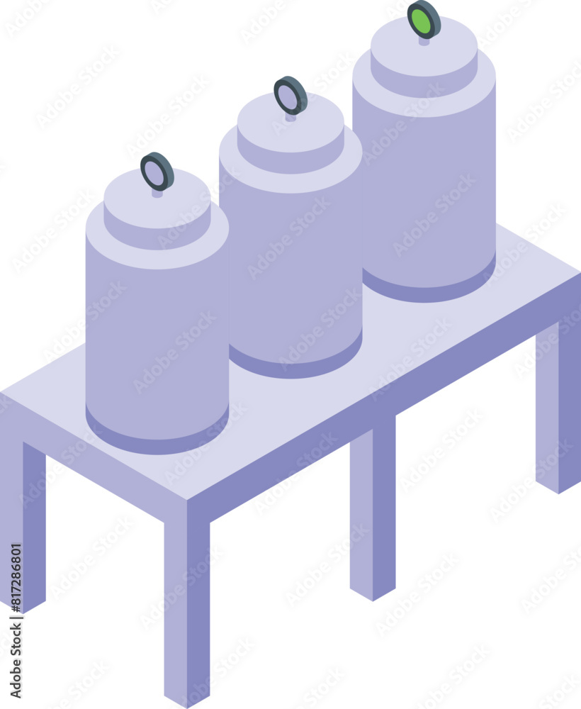Poster vector illustration of three isometric industrial transformers on a storage rack with indicator ligh