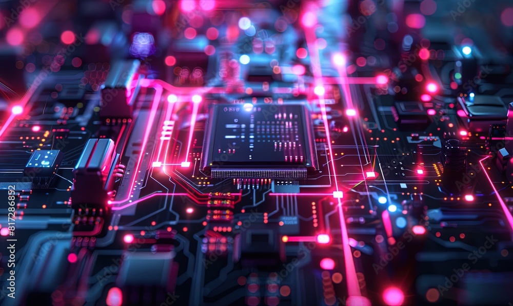 Poster a futuristic modern processor chip with multicolored neon lights and glowing interconnects on a blur