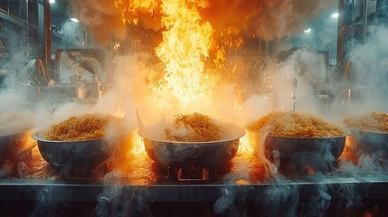   A table in front of a fire holds multiple bowls of steaming food with rising smoke from the top