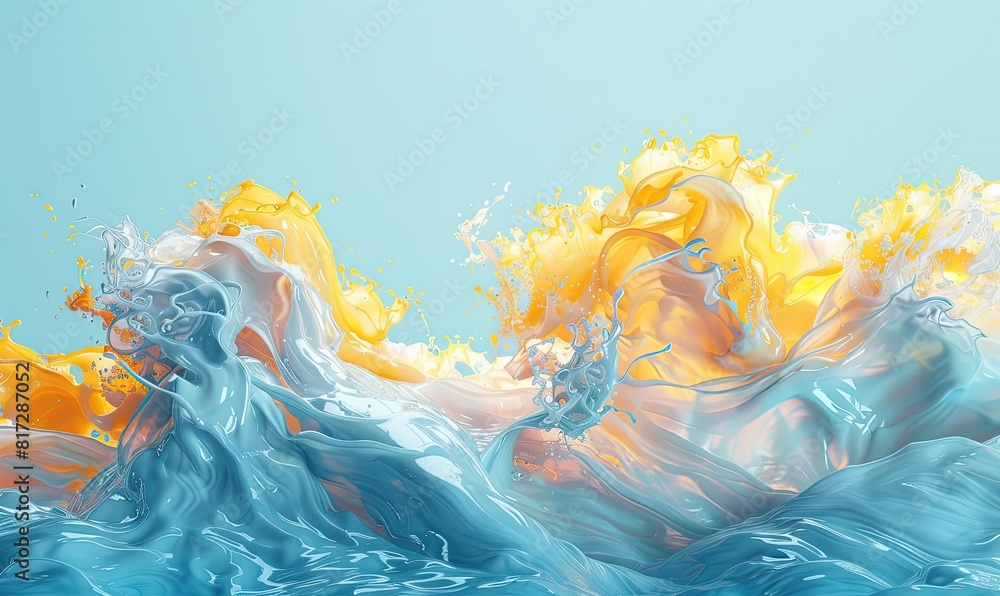 Poster mix of yellow light blue blended paint drops dissolving in fluid and creating abstract patterns agai