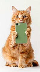A cute orange cat is sitting on the ground, holding an iPhone with its paws and showing it to you in front of his face. The screen of your phone has been replaced by a green background. White studio b