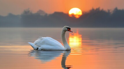   A white swan floats atop a lake beside a dense forest, obscured by cloudy skies, with the sun faintly visible in the distance