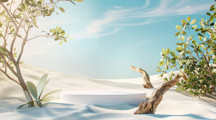 Naklejka premium A white podium in the desert, surrounded by sand and a blue sky with some green leaves