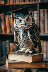 Cute owl wearing graduation cap sitting on pile of books in library, close-up shot