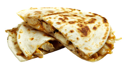  A delicious chicken quesadilla, filled with perfectly seasoned grilled chicken and gooey melted cheese, transparent background