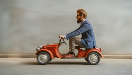 Businessman riding a toy scooter in motion