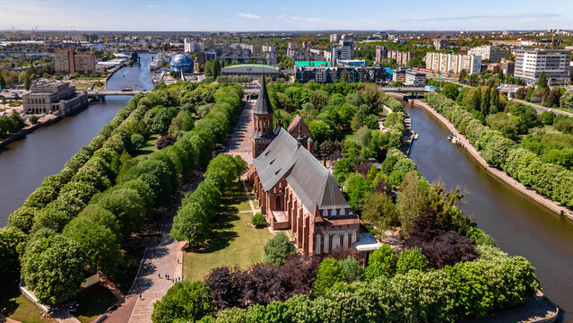 Kaliningrad, Kaliningrad Region Russia, May 16, 2022 .Top view of the Cathedral on the island of Kant in summer