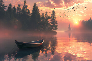 Evoking Serenity: Rustic Boat on a Lake with Reflective Sunset and Soaring Birds