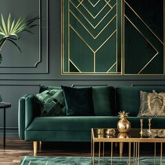 Art Deco elegance, golden geometric lines on deep emerald background, luxurious and sophisticated,...