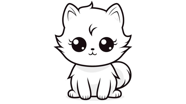 Cartoon of cat with simple lines for children to color book pages. Drawing for vectorization