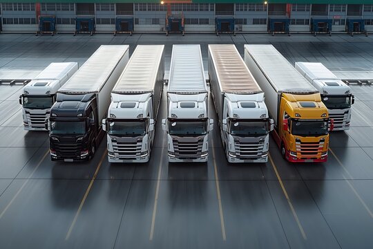 Fleet of trucks parked at a loading cargo dock