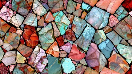   Close-up of a multicolor mosaic pattern made from red, green, blue, and pink stones and rocks