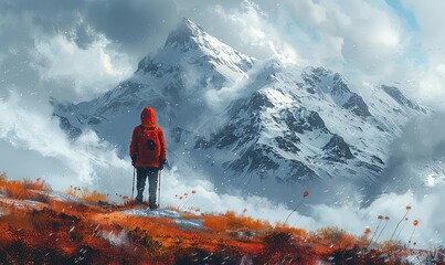 Hiking in the mountains. Tourists admire the view of the mountains