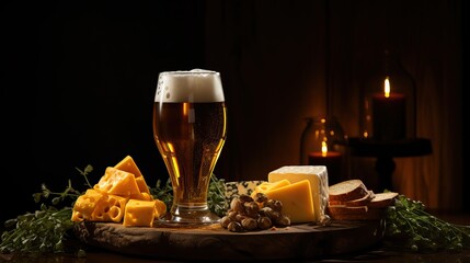 A cold mug of beer with foam and various cheese snacks. Beer and food concept on dark stone background. Restaurant advertising, menu, banner.