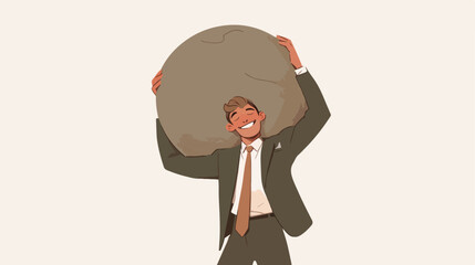 Smiling man in business suit holds huge round stone