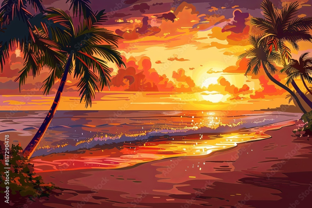Poster a vivid painting depicting a colorful sunset over a sandy beach with palm trees swaying in the breez